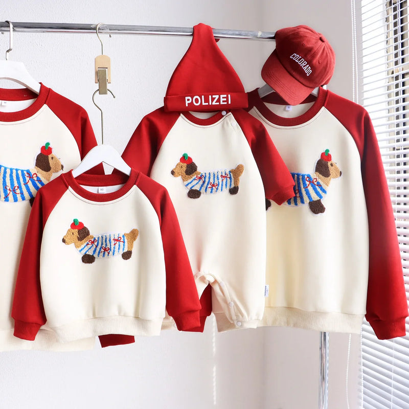 Funny Red Sweatshirts for The Whole Family Matching Clothes Father Mother and Son Daughter Cute Dog Print Tops Newborn Bodysuit