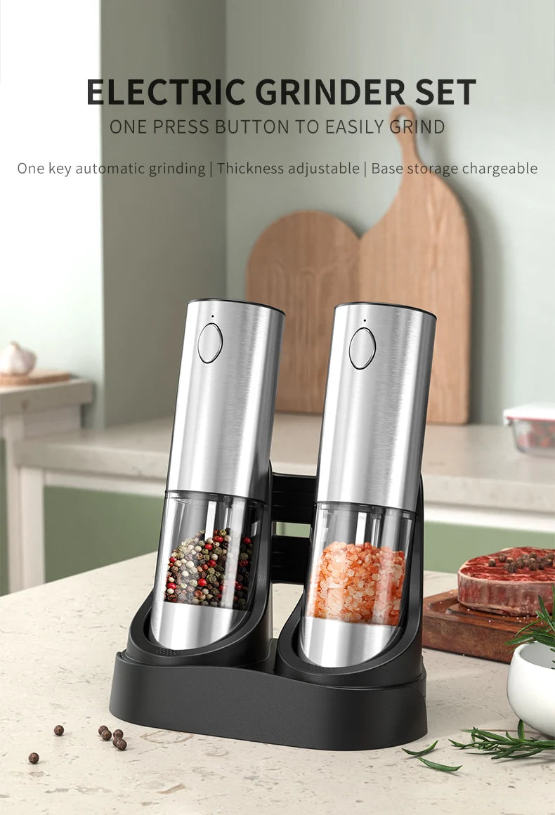 Electric Salt and Pepper Grinder Set with USB Charging Base Large Capacity Adjustable Coarseness Stainless Steel Automatic Mills