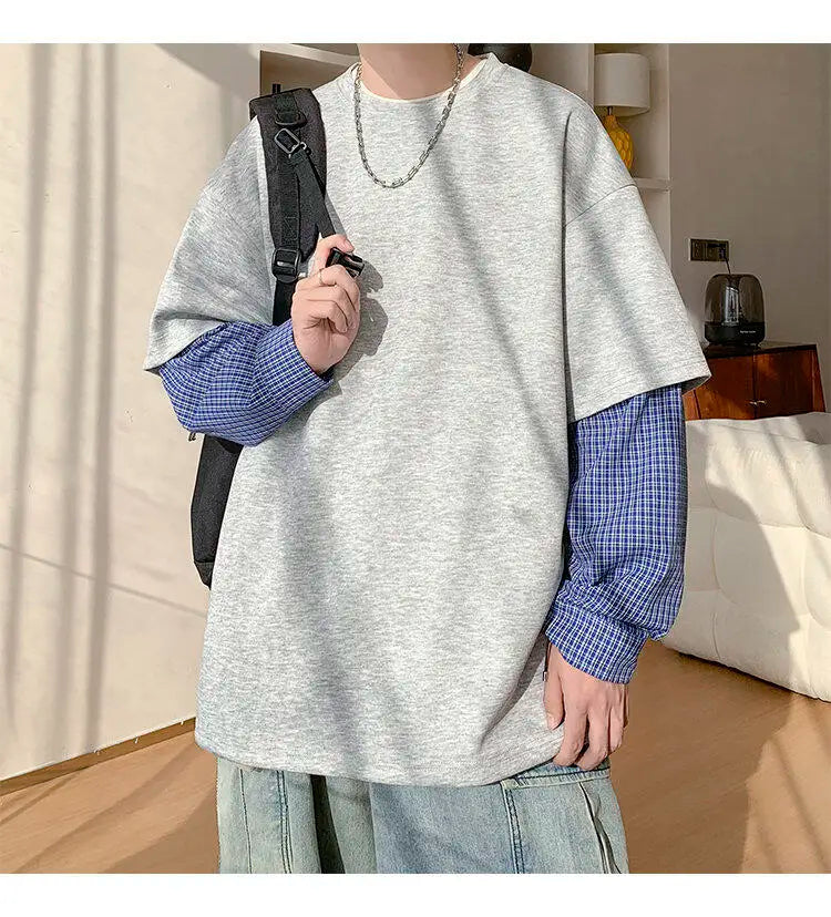 Fashion Oversized Solid Color Fake Two-Piece Hoodie with Checkered Sleeves Trendy Plus Size Pullover for Men and Women Autumn