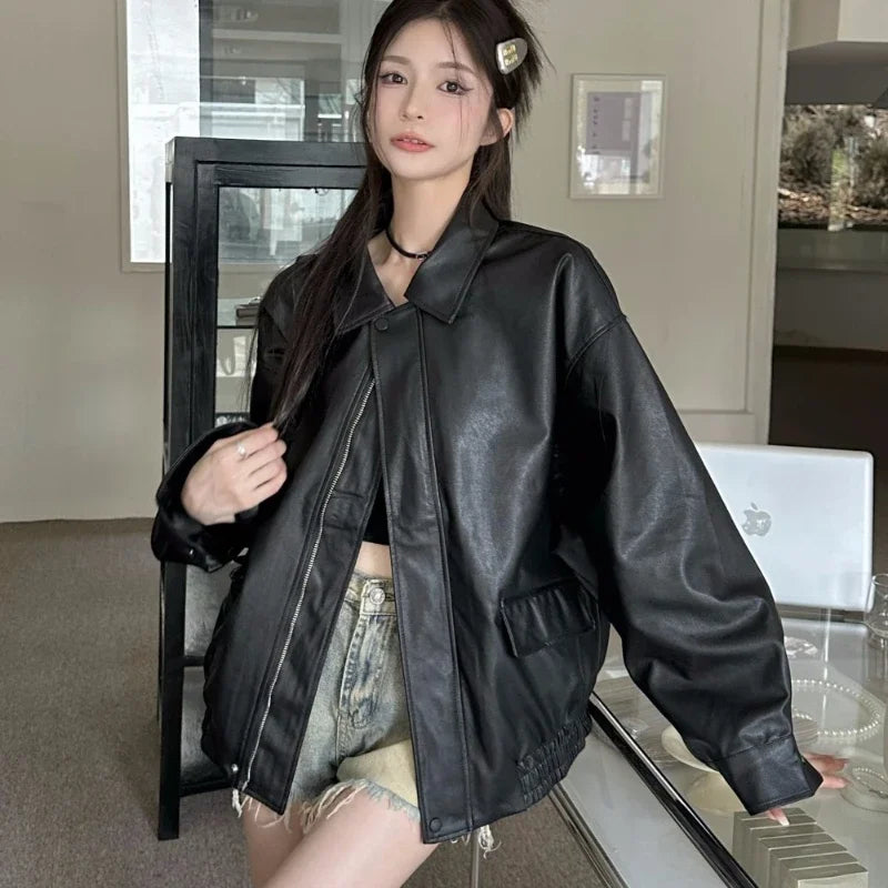 American Retro Solid Pu Jackets Women Autumn Sweet Cool Tops PU Baggy Cozy Turn-down Collar Zipper Fashion Stylish Temperament