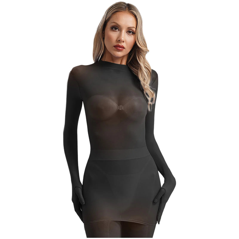 Adult Women Sheer Mesh Ultra Thin Crop Top Long Sleeve Mock Neck Translucent Gloved Tops for Base Shirt Lingerie Role Play Tops