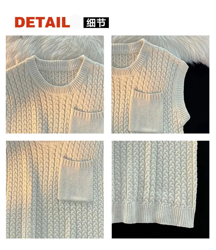 Tatiana Haven Unisex Knit Sweater Vest – Casual Streetwear with Pockets, Harajuku Preppy Style for Autumn & Winter