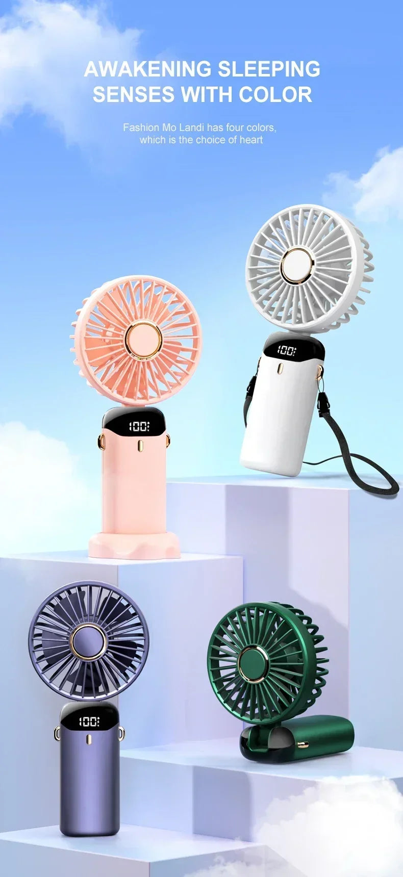Handheld Mini Fan 3000mAh Foldable Portable Neck Hanging Fans 5 Speed USB Rechargeable Fan with Phone Stand and Display Screen