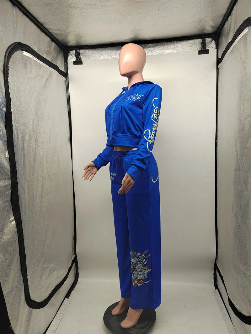 Y2k Zipper Tracksuit Women Black Print Hoodie Sweatpant Winter Blue Bodycon 2 Two Piece Outfits Pants Matching Sets Sweatshirt