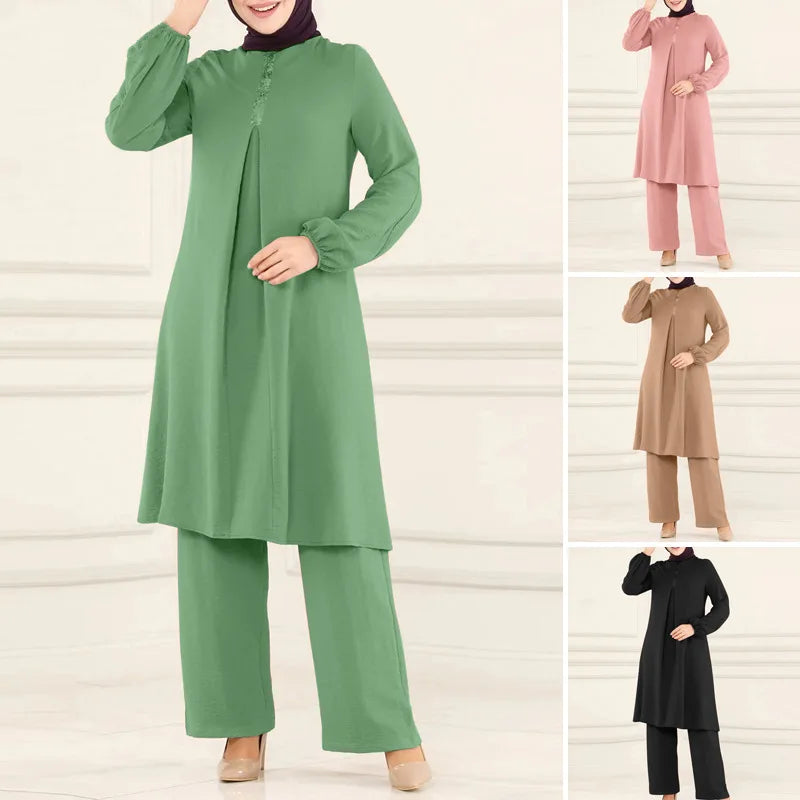 Casual Muslim Dress for Women Blouse 2 Piece Set Long Sleeve Shirt Wide Leg Pant Suits Saudi Arabic Dubai Dresses Autumn 2023