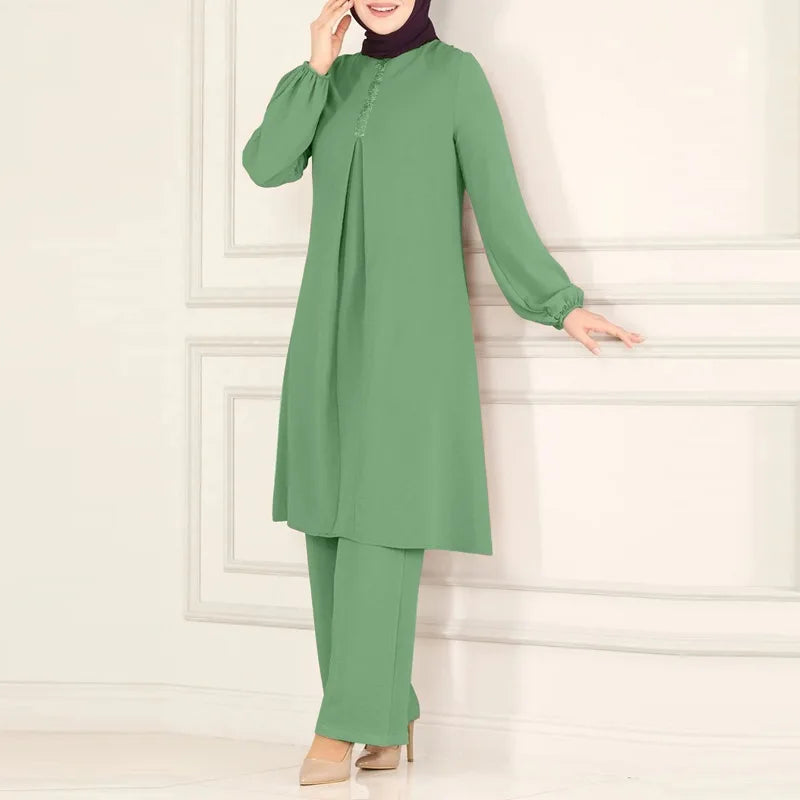 Casual Muslim Dress for Women Blouse 2 Piece Set Long Sleeve Shirt Wide Leg Pant Suits Saudi Arabic Dubai Dresses Autumn 2023