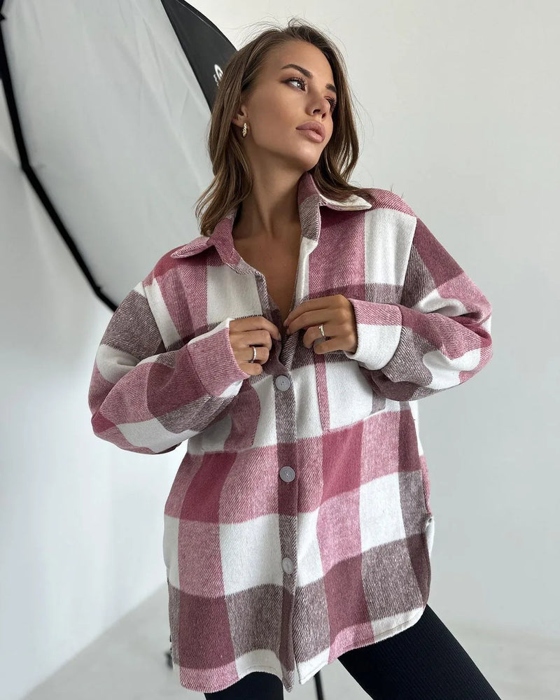 Women’s Flannel Plaid Shirt Jacket – Long Sleeve Lapel Button-Down Shacket for Autumn