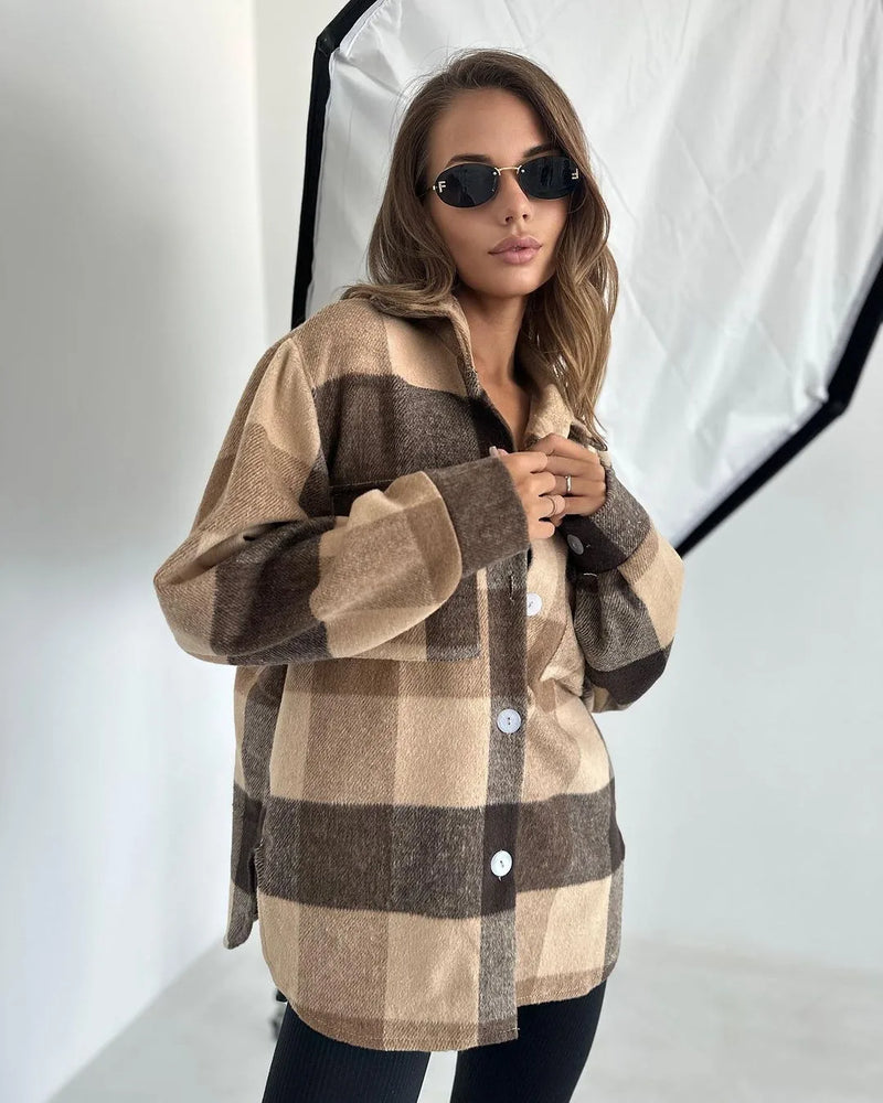 Women’s Flannel Plaid Shirt Jacket – Long Sleeve Lapel Button-Down Shacket for Autumn