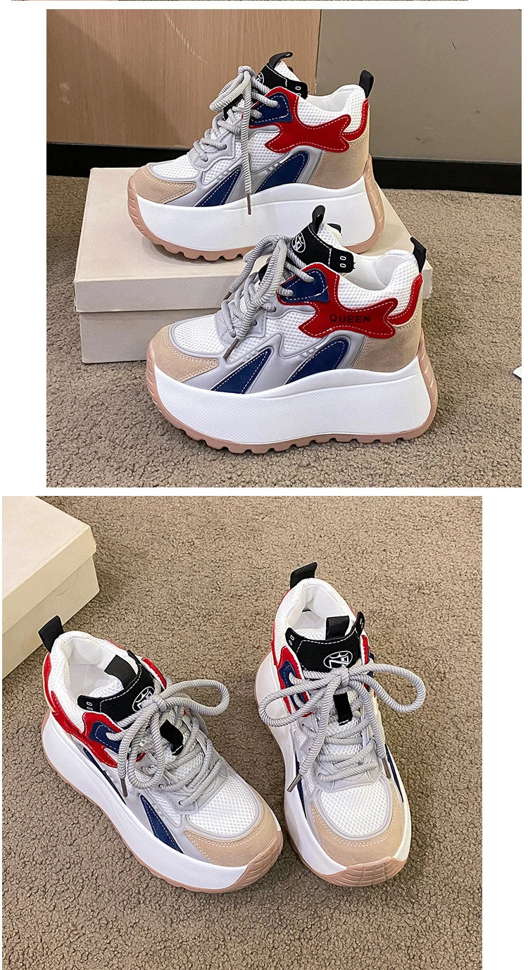 Women Chunky Sneakers 2025 Autumn Breathable Mesh Casual Shoes 11CM Wedge Heels Platform Shoes Chaussures Femme Sports Dad Shoes
