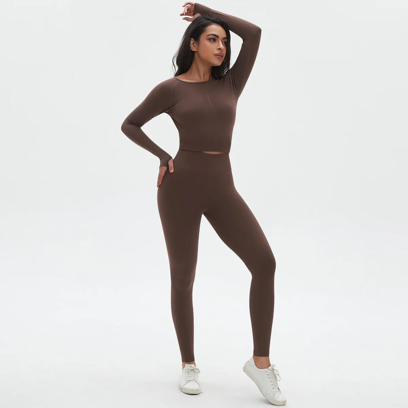 Seamless Two Piece Sets Womens Outifits Long Sleeve Gym Fitess Sport Set Yoga Leggings Matching Sets Exercise Tracksuits Female
