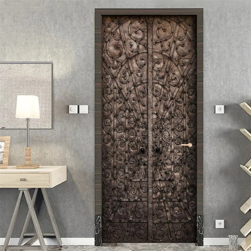 Wooden Door Mural Decal Sticker Peel and Stick Removable Self-Adhesive Brown Wood Grain Red Brick Door Wallpaper for Home Decor