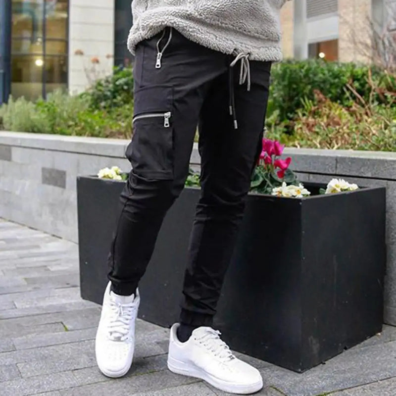 Mens Cargo Pants Zipper Pockets Jogger Running Hip Hop Streetwear Slim Sport Trousers Male Training Workout Fitness Sweatpants