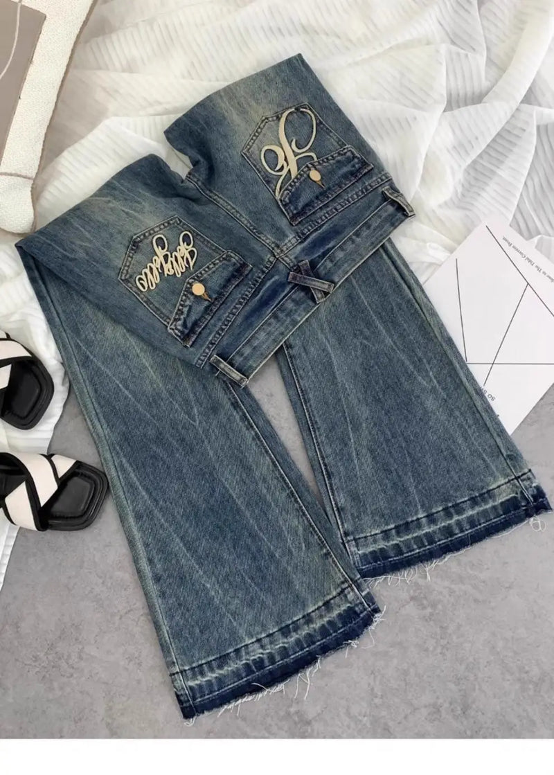 American retro low-waisted jeans female autumn new embroidery old casual fashion temperament slim Joker bell bottoms.
