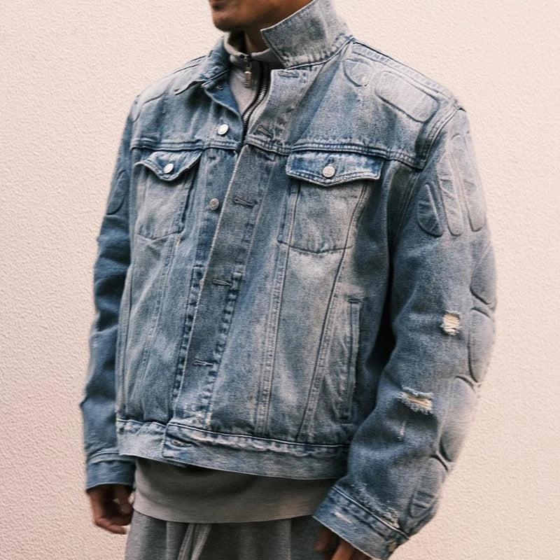 European American High Street Trend Kanye West Denim Jacket Heavyweight Washed Do Old Pleated Ripped Denim Outerwear