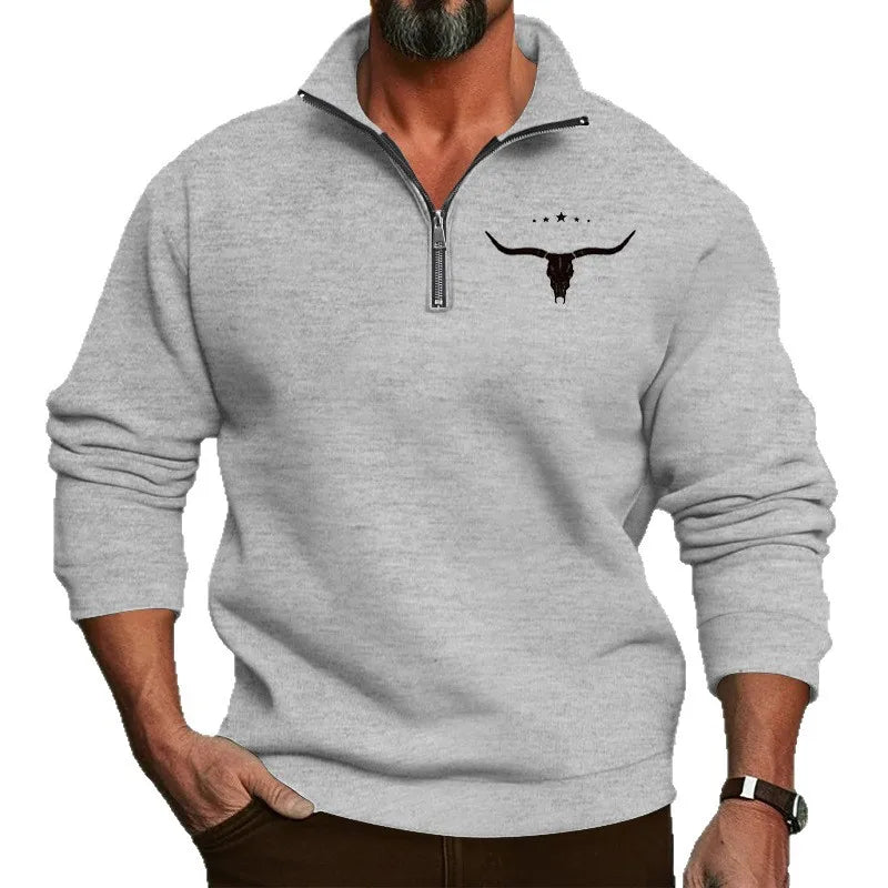 Men’s Winter Fleece Half-Zip Hoodie – Warm Stand Collar Bull Print Sweatshirt