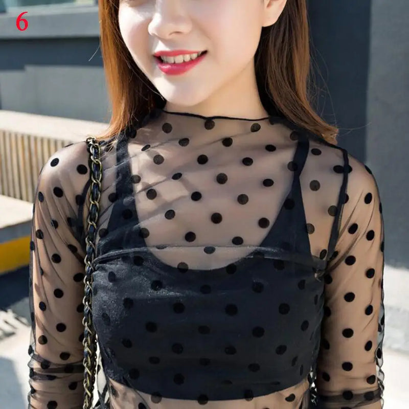 Lace Sheer Women‘s T-Shirt Fashion Mesh Summer Thin Bottom Shirt Transparent Long Sleeve Blouses Ladies Tops High Neck Tee Soli