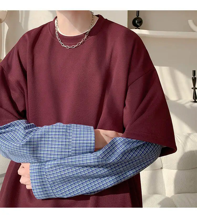 Fashion Oversized Solid Color Fake Two-Piece Hoodie with Checkered Sleeves Trendy Plus Size Pullover for Men and Women Autumn