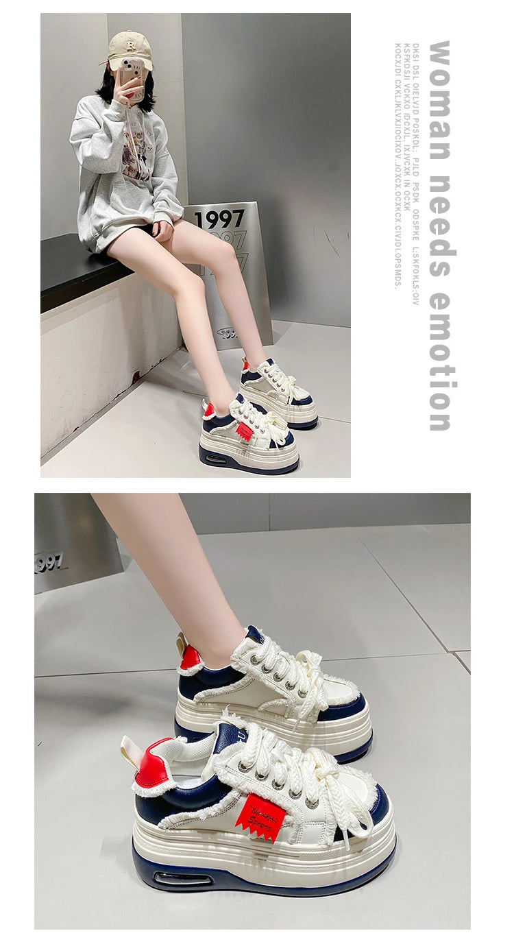 Fashion Chunky Sneakers Women Autumn Lace Up Platform Sports Shoes 8CM Thick Bottom High Heels Female Leather Sneakers Woman