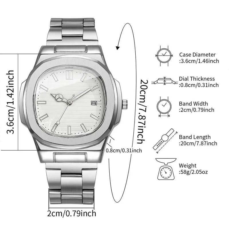 Luxury Men Business Watches Fashion Square Dial Stainless Steel Strap Quartz Watch with Calendar For Mens Clock（Without Box）