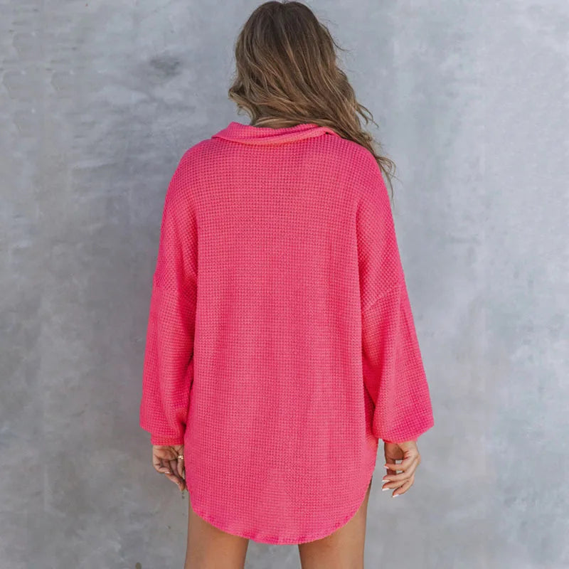 Women’s Oversized Button-Down Blouse – Casual Boho Long Sleeve Shirt with Turn-Down Collar