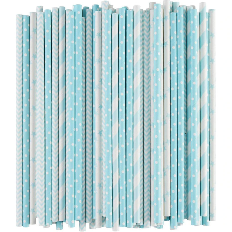 Biodegradable Light Blue White Paper Straws, Pack of 100 Party Straws for Juice, Cocktail, Smoothies, Birthday, Wedding