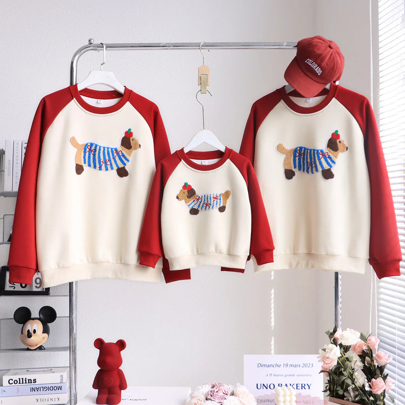 Funny Red Sweatshirts for The Whole Family Matching Clothes Father Mother and Son Daughter Cute Dog Print Tops Newborn Bodysuit