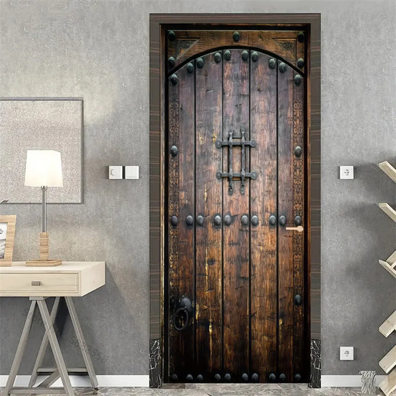 Wooden Door Mural Decal Sticker Peel and Stick Removable Self-Adhesive Brown Wood Grain Red Brick Door Wallpaper for Home Decor