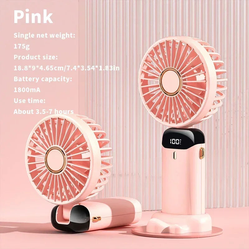 Handheld Mini Fan 3000mAh Foldable Portable Neck Hanging Fans 5 Speed USB Rechargeable Fan with Phone Stand and Display Screen