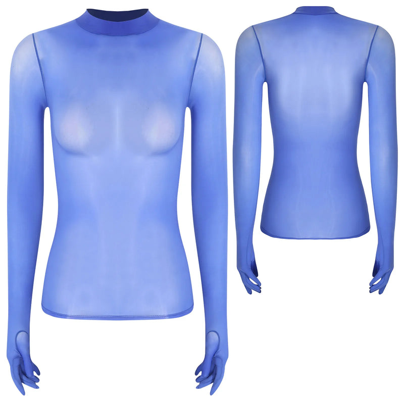 Adult Women Sheer Mesh Ultra Thin Crop Top Long Sleeve Mock Neck Translucent Gloved Tops for Base Shirt Lingerie Role Play Tops