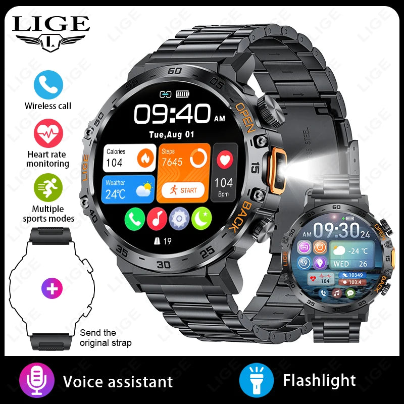 LIGE 2025 Smart Watch Men Sport Watches LED Flashlight 360*360 Ultra HD Screen Waterproof Fitness Bluetooth Call Men Smartwatch