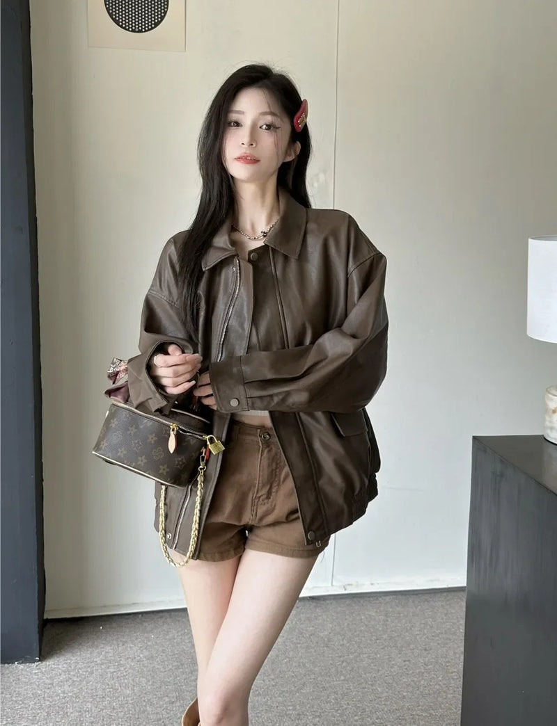 American Retro Solid Pu Jackets Women Autumn Sweet Cool Tops PU Baggy Cozy Turn-down Collar Zipper Fashion Stylish Temperament