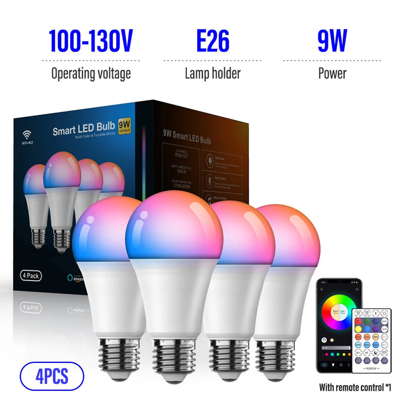 LED Smart Bulb A19 E26/E27 Color Changing LED Bulb with Music Synchronization WiFi and BLE 5.0 Dimmable RGB Smart Home Lighting