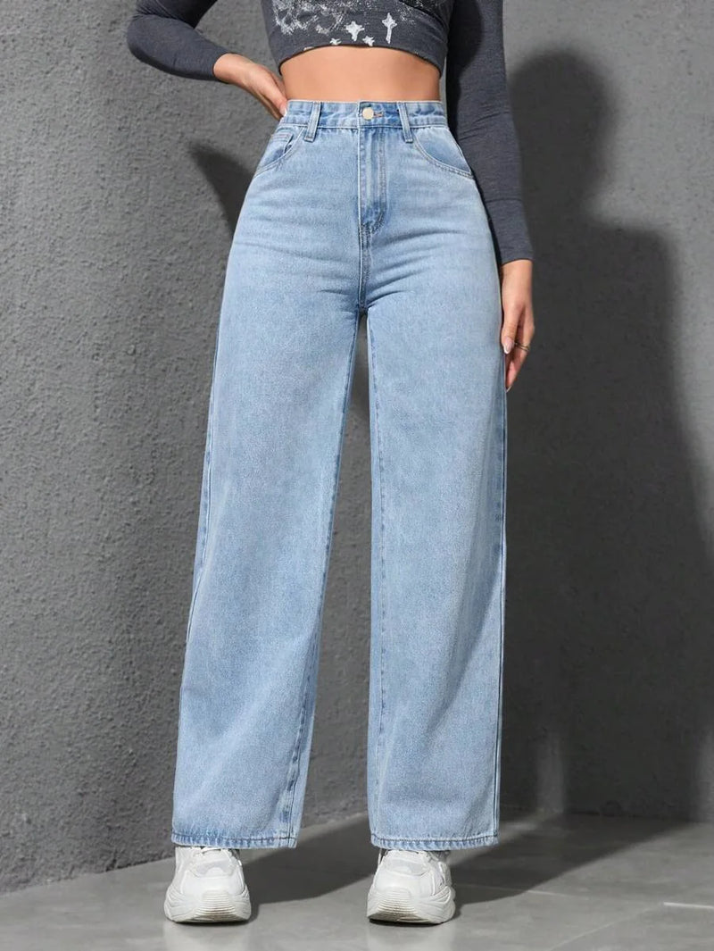 Retro Loose Wide Leg Jeans Fashion Women Solid Straight Wash High Elastic Waist Denim Pants Casual Streetwear Pocket Trousers