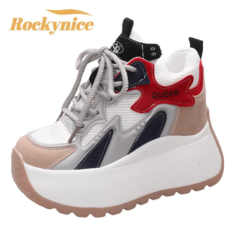 Women Chunky Sneakers 2025 Autumn Breathable Mesh Casual Shoes 11CM Wedge Heels Platform Shoes Chaussures Femme Sports Dad Shoes