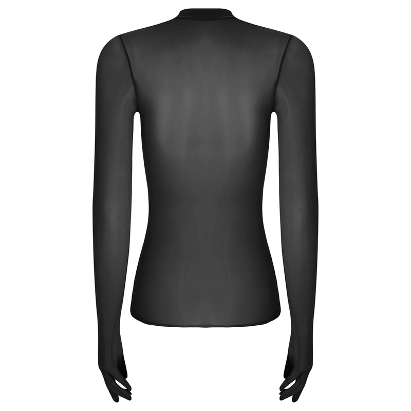 Adult Women Sheer Mesh Ultra Thin Crop Top Long Sleeve Mock Neck Translucent Gloved Tops for Base Shirt Lingerie Role Play Tops