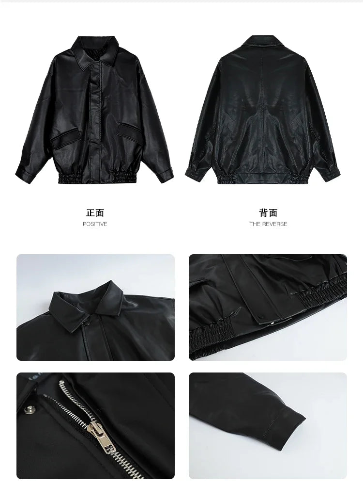 American Retro Solid Pu Jackets Women Autumn Sweet Cool Tops PU Baggy Cozy Turn-down Collar Zipper Fashion Stylish Temperament