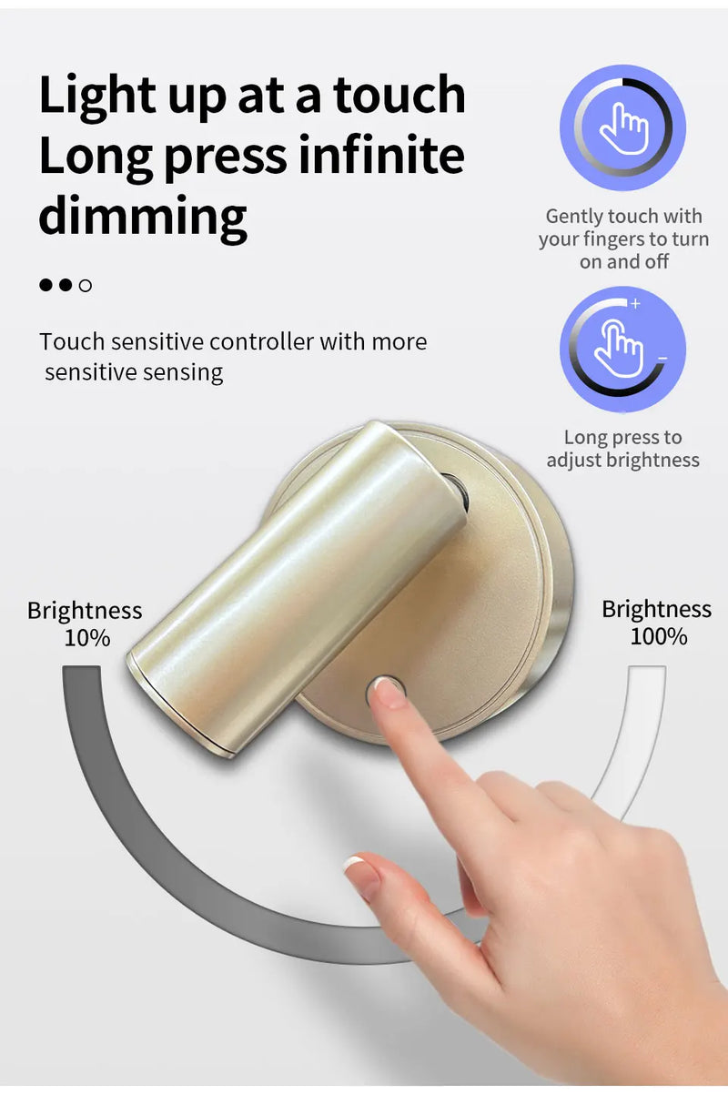 LED Light Magnetic Rechargeable Wall light Spotlight Wireless No Punch Reading Light With Touch Switch Dimmable Bedside Lamp