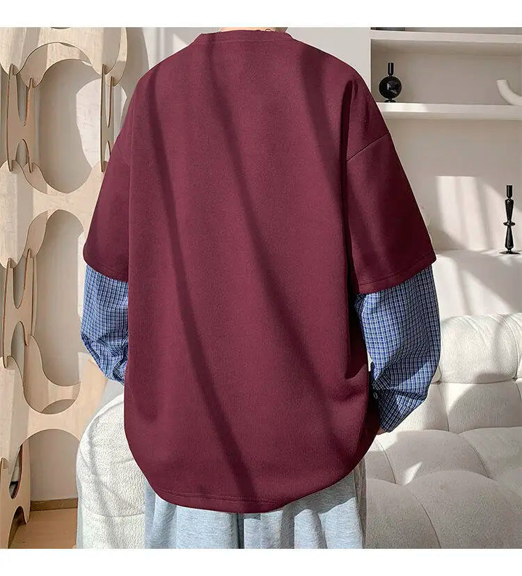 Fashion Oversized Solid Color Fake Two-Piece Hoodie with Checkered Sleeves Trendy Plus Size Pullover for Men and Women Autumn