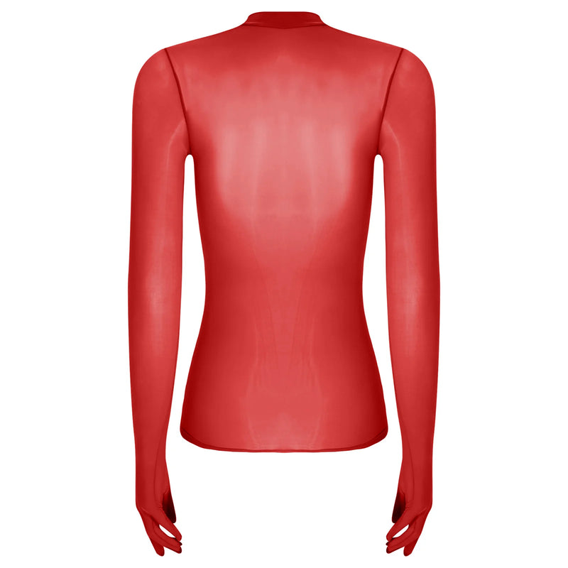 Adult Women Sheer Mesh Ultra Thin Crop Top Long Sleeve Mock Neck Translucent Gloved Tops for Base Shirt Lingerie Role Play Tops