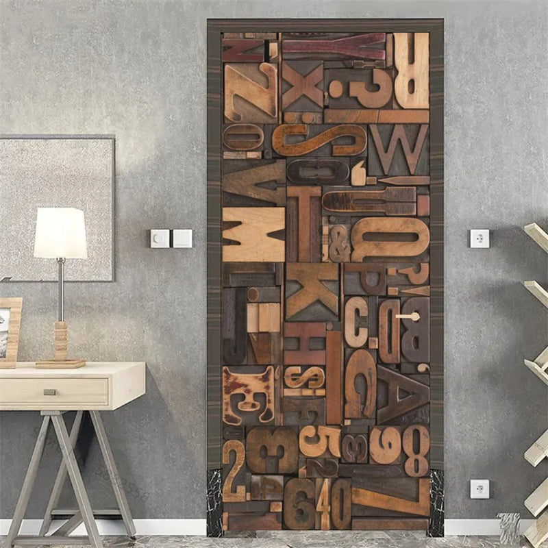 Wooden Door Mural Decal Sticker Peel and Stick Removable Self-Adhesive Brown Wood Grain Red Brick Door Wallpaper for Home Decor