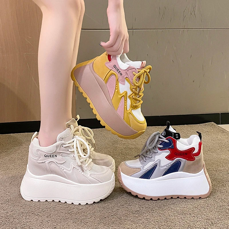 Women Chunky Sneakers 2025 Autumn Breathable Mesh Casual Shoes 11CM Wedge Heels Platform Shoes Chaussures Femme Sports Dad Shoes