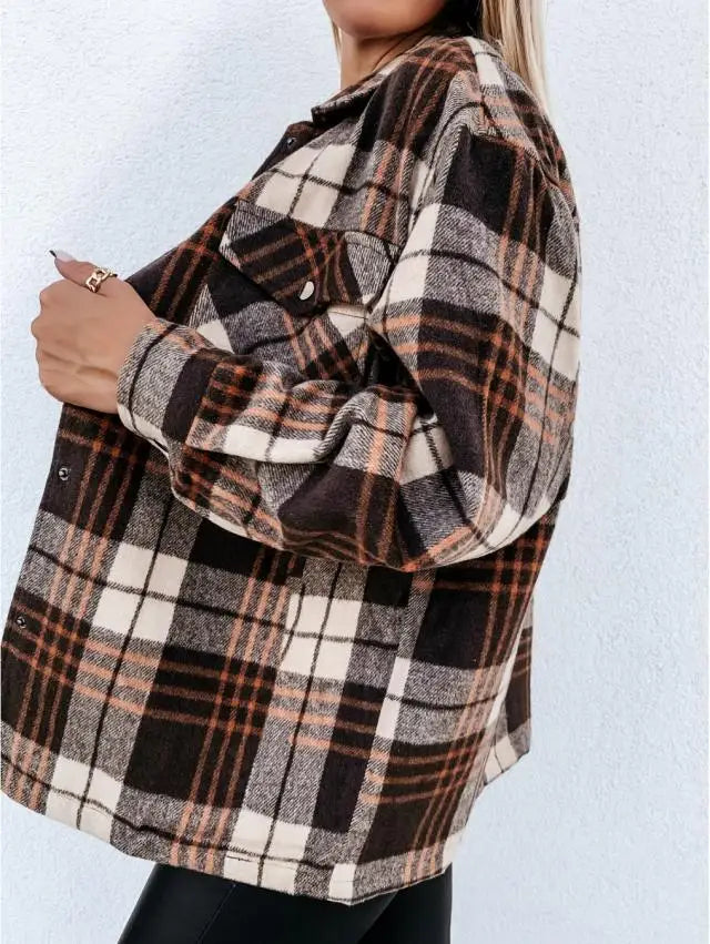 Women’s Retro Plaid Shacket – Oversized Flannel Shirt Jacket with Pockets for Autumn & Winter