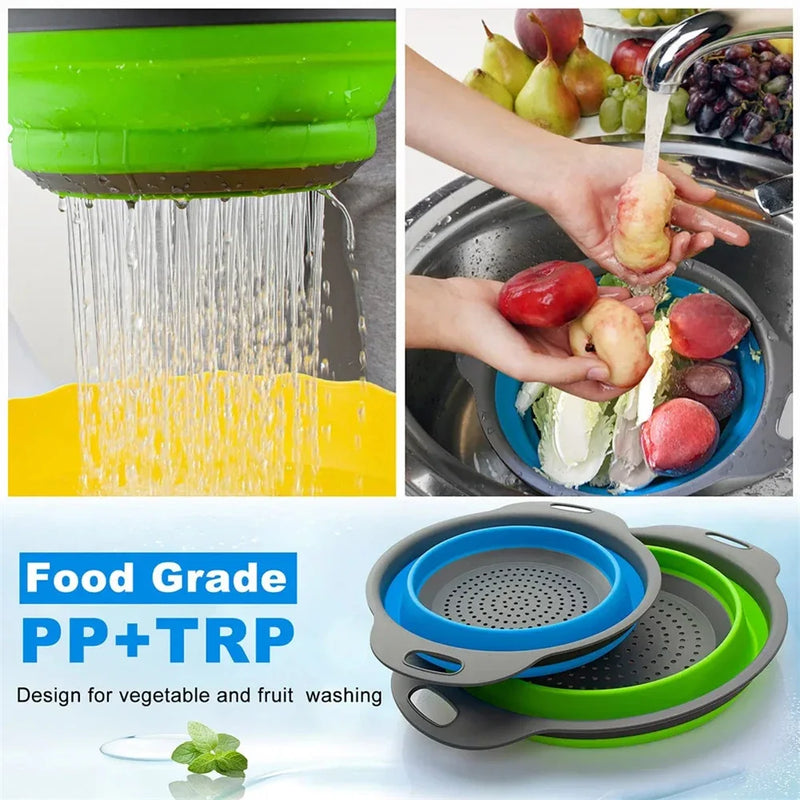 Round Collapsible Colander Silicone Kitchen Fruit Vegetable Washing Basket Strainer Foldable Drainer Kitchen Gadgets Tools