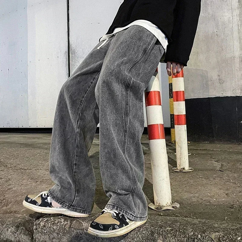 2024 New Streetwear Loose Jeans Men Korean Style Fashion Loose Straight Wide Leg Pants Men&