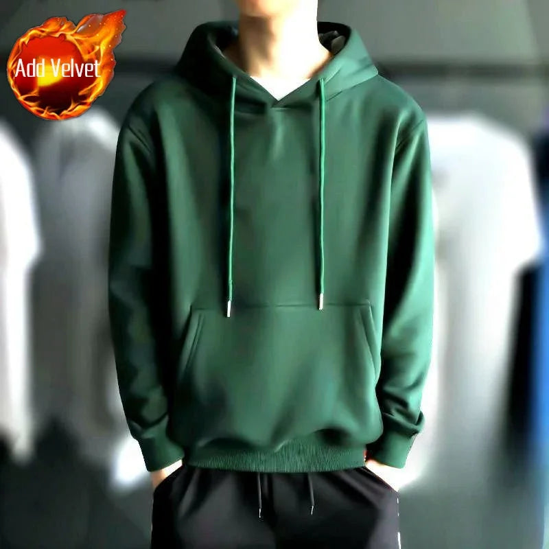 Men’s Fleeced Green Hoodie – Solid Casual Sweatshirt for Autumn and Winter
