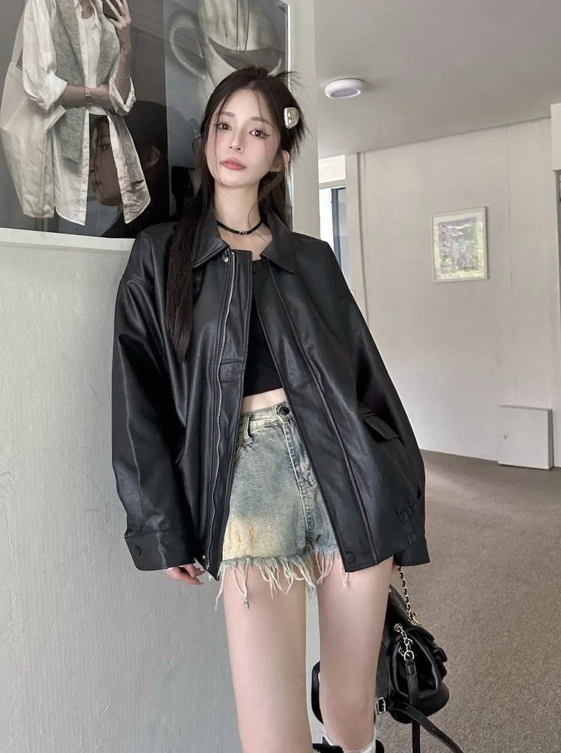 American Retro Solid Pu Jackets Women Autumn Sweet Cool Tops PU Baggy Cozy Turn-down Collar Zipper Fashion Stylish Temperament