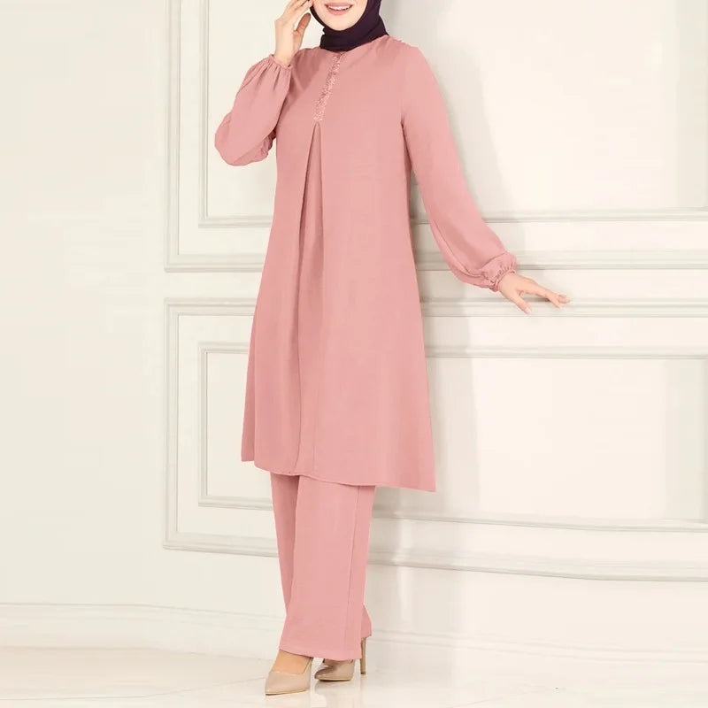 Casual Muslim Dress for Women Blouse 2 Piece Set Long Sleeve Shirt Wide Leg Pant Suits Saudi Arabic Dubai Dresses Autumn 2023