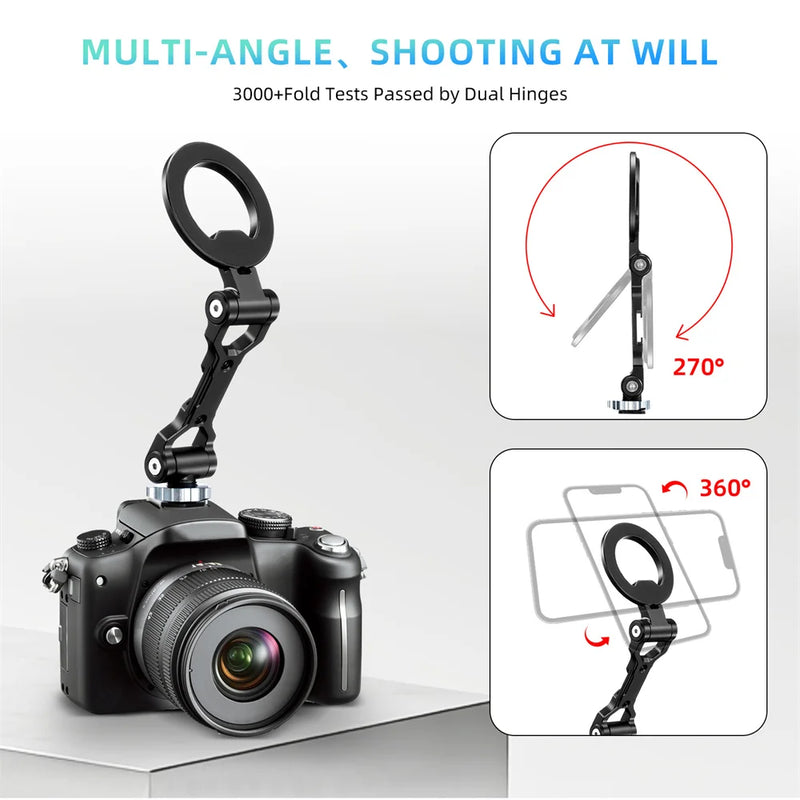 Foldable Magnetic Phone Holder Tripod Mount for MagSafe iPhone 16/15/14/13/12 – DSLR Camera Tripod Accessory with 1/4" Cold Shoe