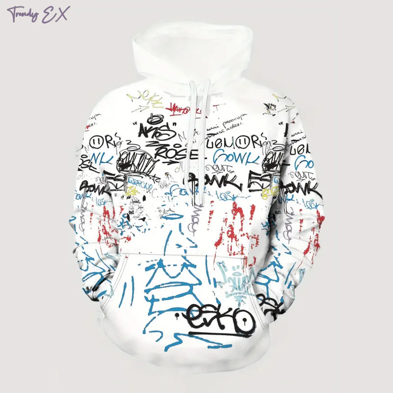 Men’s Oversized Graffiti Print Hoodie – Casual Streetwear Pullover Sweatshirt with Kangaroo Pocket