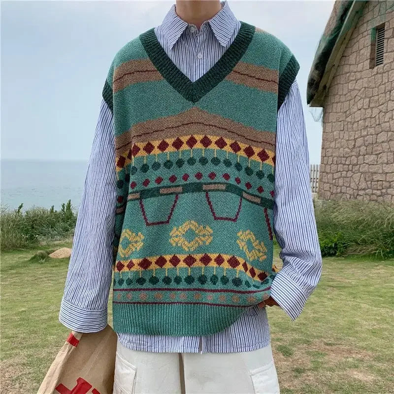 Tatiana Haven Men’s Printed Knit Sweater Vest – V-Neck Casual Korean-Style Fashion Waistcoat for Autumn & Winter